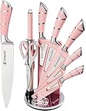 Justup 9-tlg Messerset mit Drehbare Acryl Messerblock, Rosa Sharp Antihaft Beschichtete Kochmesser Block Set,Edelstahl Messer Set für Küche mit Schärfer zum Schneiden Schneiden Würfeln Hacken (Rosa)