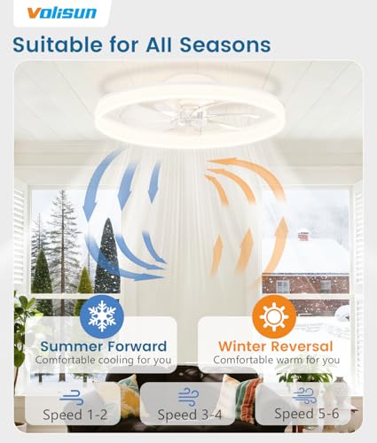 Image of VOLISUN Low Profile Ceiling Fans with Lights and Remote, 24in Fandelier Ceiling Fan Flush Mount, 3000K-6500K Smart Bladeless LED Fan Light, White Modern Ceiling Fans with Lights for Bedroom