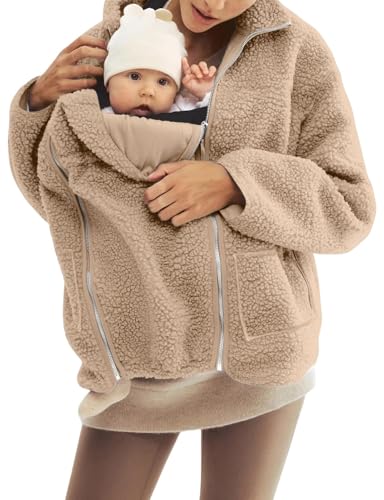 Image of Mywinway Maternity Coat Fall Winter Mom Cozy Carrier Fleece Sherpa jacket Warm Zip Up Coats Clothing