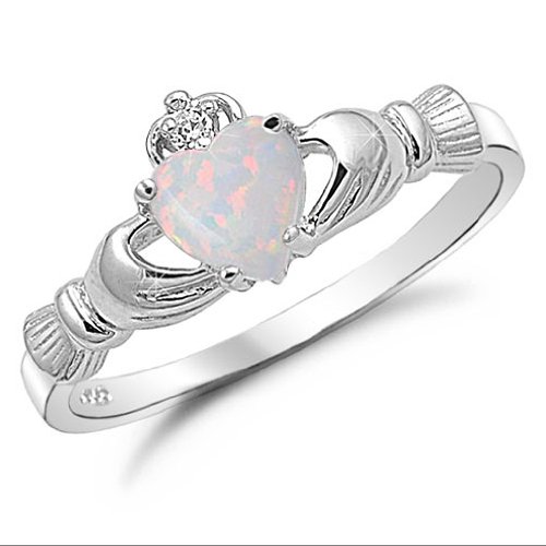 Kriskate & Co. Irish Claddagh Ring .925 Sterling Silver with Simulated Lab Opal Heart Promise Ring Size 7