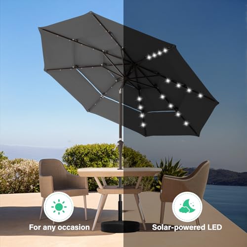 Image of JEAREY 3 Tiers Patio Umbrella with Solar Lights 9ft Outdoor Market Table Umbrellas with Push Button Tilt for Outside Pool Garden, Gray