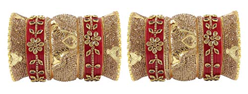 Image of NMII Traditional Gold Plated Acrylic Bangles Bridal Chuda Set For Women & Girls with Zircon Diamond & Pearls Beads Work | Royal Wedding Chudas | Premium Look | Bangles For Wedding, Festive, Function
