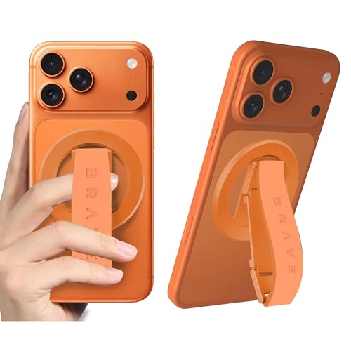 BRAVE MagGrip 3-in-1 Magnetic Phone Grip & Kickstand | 360 Rotatable Finger Strap | N55 MagSafe Compatible Ring Holder | Universal Mount for iPhone Samsung & Android - Cosmic Orange (BG-01CO)