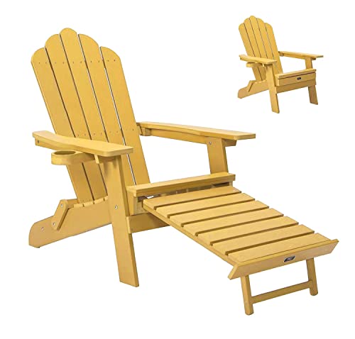 Adjustable Backrest Adirondack Chair, Folding Adirondack Chair With Pullout Ottoman With Cup Holder, Lawn Outdoor Fire Pit Chairs, For Patio Deck Garden, Backyard (Yellow) #TOP13