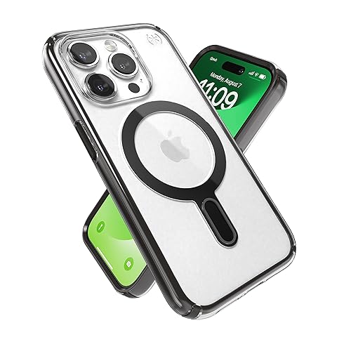 Speck Klare iPhone 15 Pro Hülle – ClickLock rutschfeste Interlock, gebaut für MagSafe, Fallschutz – Kratzfest, vergilbungsfrei, 6,1 Zoll – Presidio Clear/Frosted Black