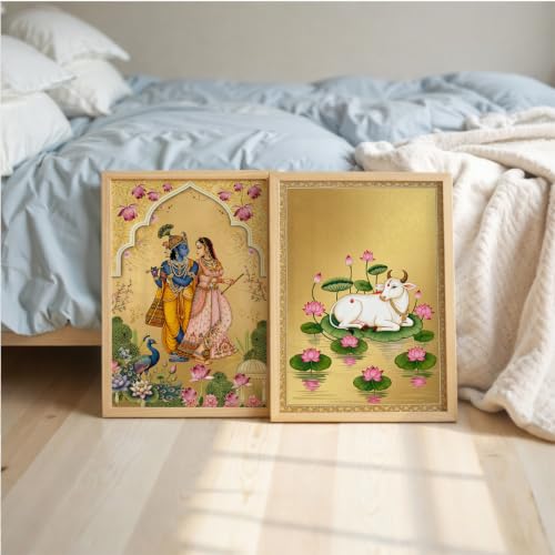 Image of Suneree Pichwai Radha Krishna Nandi Cow Gold Wall Art Painting | Set of 2 Framed Paintings | Traditional Indian Decor for Living Room Pooja Room Bedroom | (ART 8, 13x19 INCHES)
