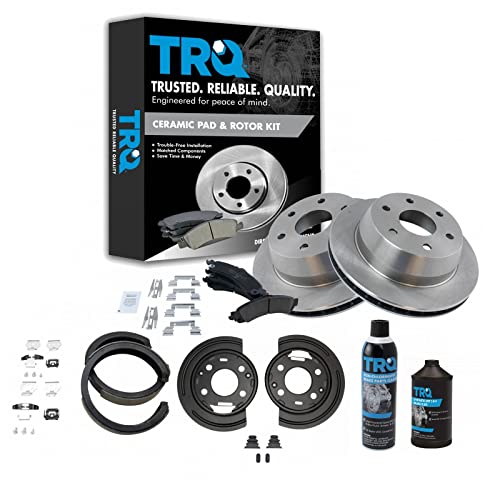 Image of TRQ Rear Ceramic Pads Rotors Parking Shoes & Backing Plates w /Fluids for GM