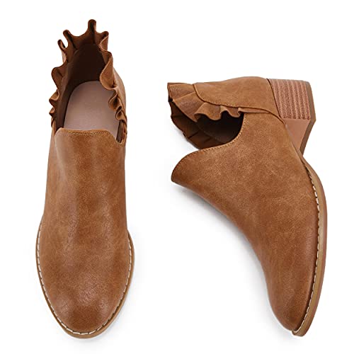 FISACE Womens Ruffled Ankle Boots V Cut Out Pointed Toe Chunky Low Heel Dressy Western Booties4