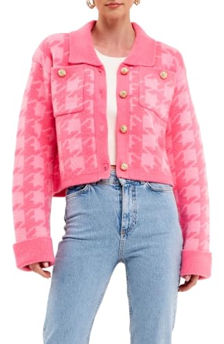 Women’s Plaid Cropped Cardigan Sweater Long Sleeve Knit Jacket with Lapel Collar Button Down Casual Coat