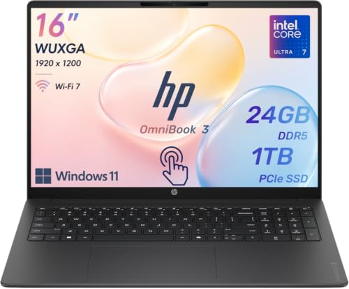 Image of HP OmniBook 3 16 inch Next-Gen AI Business Touchscreen Laptop, Intel Core Ultra 7 255U (12-Core), 24GB DDR5 RAM, 1TB SSD, WUXGA IPS Display, Numeric Keypad, Wi-Fi 7, Windows 11