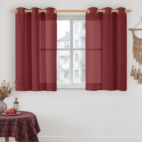 Image of LAMIT Red Linen Curtains 40 Inches Long for Kitchen, Semi Sheer Light Filtering Panels Bronze Grommet Christmas Decor Drapes for Small Windows /Bathroom, 2 Panels Set, Burgundy Red, 34 x 40 Inch