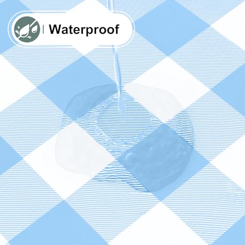 Image of misaya Round Waterproof Vinyl Table Cloth, Buffalo Flannel Backed Tablecloth, Wipeable Plastic Table Cover for Dinner, Kitchen, Picnic (60 inch, Baby Blue and White)