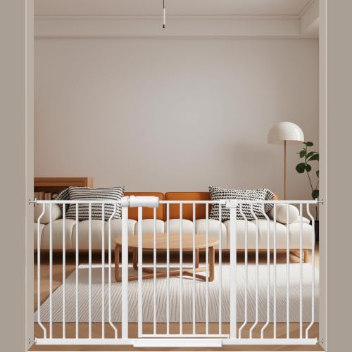Image of ALLAIBB Extra Wide Pressure Mounted Baby Gate Walk Through Child Kids Safety Toddler Tension White Long Large Pet Dog Gates with Extension for doorways Kitchen (52.76-62.2 inch /134-158cm, White)
