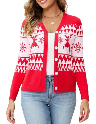 Dosieyeo Damen Strickjacke mit Knopfleiste Weihnachtsjacke mit Rentiermuster Langarm V Ausschnitt Feinstrick Cardigan,L
