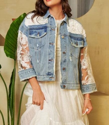 Women's Fall Denim Jackets Lace Embroidery Patchwork Ripped Jean Jackets Button Down Frayed Outwear Coat3