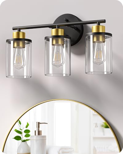 EDISHINE Bathroom Light Fixtures, 3-Light Bathroom Vanity Lights Over Mirror, Modern Bath Wall Sconce Lamp with Clear Glass Shade for Powder Room, Vanity Table, Mirror, Kitchen Black and Gold