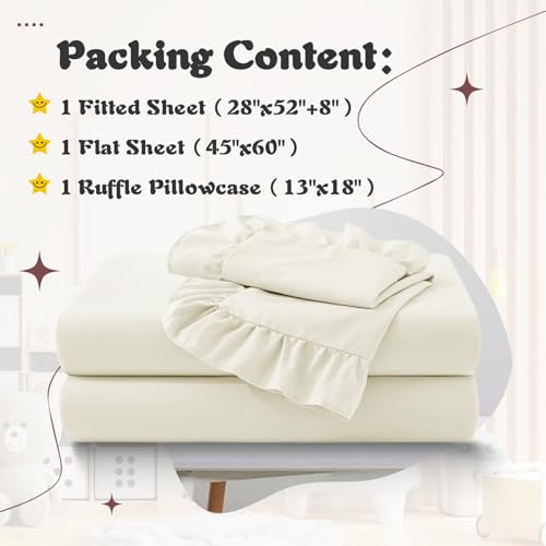 Image of KKJIAF 3 Piece Toddler Sheet Set Microfiber, Includes a Flat Sheet, a Fitted Sheet and a Ruffle Pillowcase, Beige