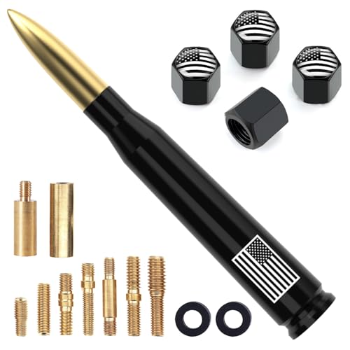Image of Car Truck Antenna with Tire Valve Caps American Flag Universal Short Replacement for GMC Sierra Chevy Silverado Dodge Ram 1500 2500 3500 Ford F150 F250 F350 Super Duty Raptor Accessories, Gold