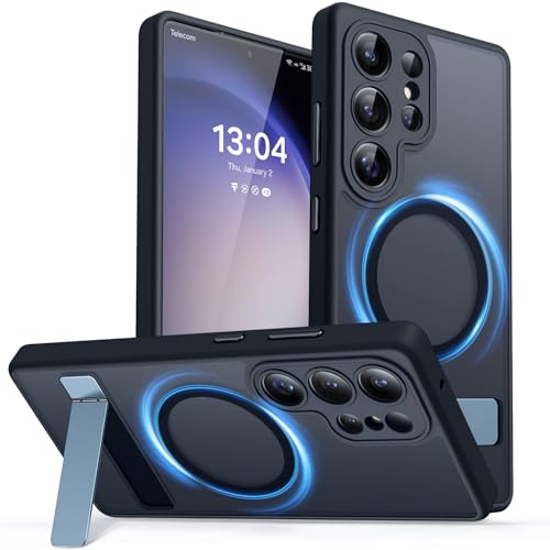 Image of CANSHN Strong Magnetic & Seamless Stand Designed for Samsung Galaxy S23 Ultra Case [Full Camera Protection] [Adjustable Kickstand] [Compatible with MagSafe] Translucent Matte Phone Cover - Black