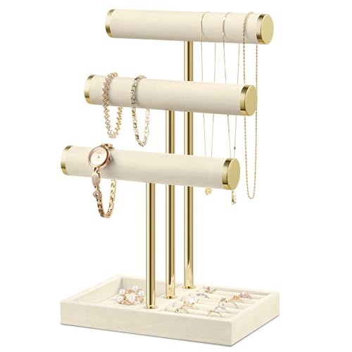 Josmimic Bracelet Holder Jewelry Organizer Display - 3 Tier T Bar Velvet Stand, Beige Jewelry Storage for Bracelet, Necklaces, Watches