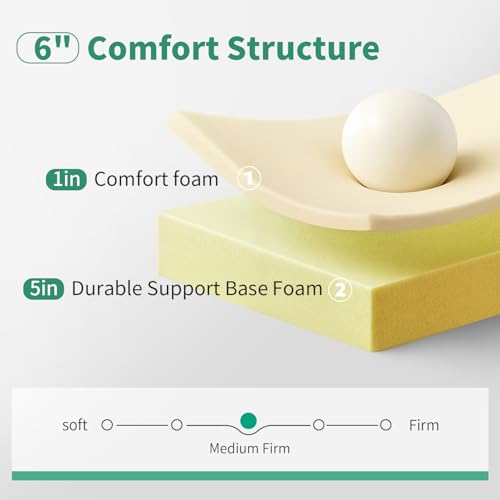 FDW 6 Inch Queen Mattress, Medium Firm Base Foam, Breathable & Comfortable with Removable Washable Zipper Cover, Bed in a Box, CertiPUR-US Certified, White
