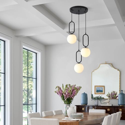 Image of 3-Light Mid Century Modern Pendant Lights Fixture with White Glass Globe Shade Vintage Black Hanging Light Retro Industrial Pendant Light for Bedroom Living Dining Room