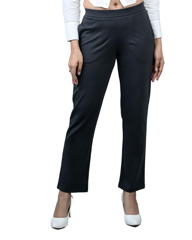 Image of Mlada Straight Fit Cigarette Pencil Pants Elastic Waist Band Mid High Waist Formal Office Trousers for Women, Pockets for Travel Stretch Cotton Knit Full Length Regular /Plus Size