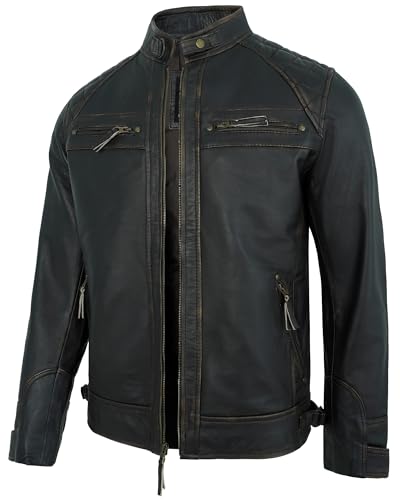 Image of Leather Jacket Men - Real Lambskin Motorcycle Jacket with Snap Tab Collar, Adjustable Waist & Zippered Pockets