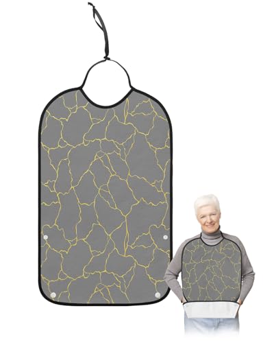 LEOKOTI Grey Yellow Geometric Adult Bibs for Eating, Waterproof Bibs with Food Catcher & Snap Closure, Gray Modern Abstract Art Aesthetics Washable Clothing Protectors Adult Bibs for Elderly