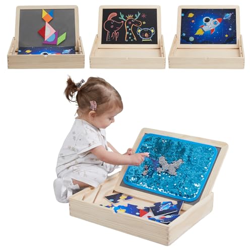 Image of Sensory Board for Toddlers & Kids - Wooden Sensory Sequin Box with Flip Mats, Space Felt Puzzle & Tangram | Montessori Sensory Toy for Calm Down Corner, Autism, Classroom & Daycare