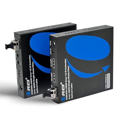 OREI 4K@60Hz HDMI Over Fiber Optic Extender 1G Up to 40 KM Single Mode Fiber Optical Cable, Low-Latency, Transmission with RS-232, IR Passback, L/R Audio Out (UHD-FOM40-K)