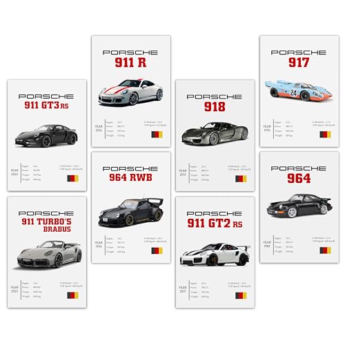 Image of Wall Porsche Pack of 8 Posters 8x12 inch (A4 Size) Included Self Adhesive on Back Wall Decor Posters Wall Art For Bedroom, Living room, Office, Dining Room