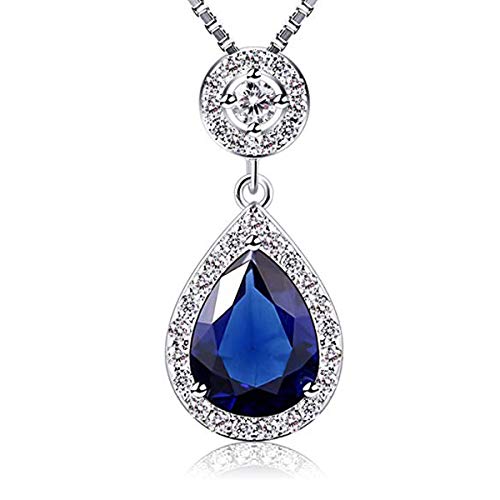Preisvergleich Produktbild 925 Sterling Silber Halskette Tropfenform Blauer simulierter Saphir Österreichische Zirkonia Kristalle Schmuck Halskette Anhänger