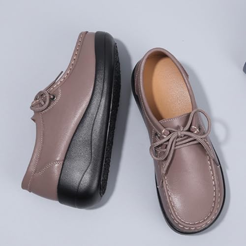 Image of Women's Leather Lace up Slip On Platform Loafers,Comfortable Arch Support Round Toe Wedge Moccasins Non-Slip Increase Height Nurse Work Shoes