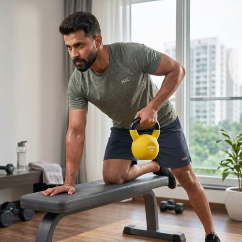 Image of DAARA Half Coating Neoprene Kettlebell, 6kg Yellow Cast Iron Kettle Bell with Non-Slip Grip Handle for Strength Training, Home Gym Workout Equipment for Men & Women (Proudly Made in India)