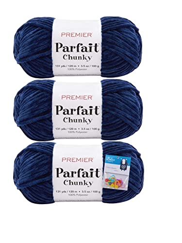 Image of Premier Yarns Parfait Chunky Chenille Yarn 3.5 Oz Super Bulky Weight 3 Pack Bundle with Bella's Stitch Place Holders (Navy)