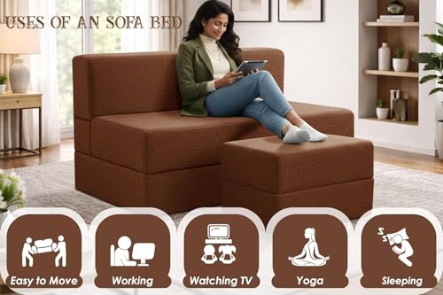 Image of Rosebell Foldable Sofa-Cum-Bed with Ottoman | 3-in-One Foldable Sofa, Lounger & Bed-4x6 Feet Two Seater- Perfect for Home & Office -Brown-Color