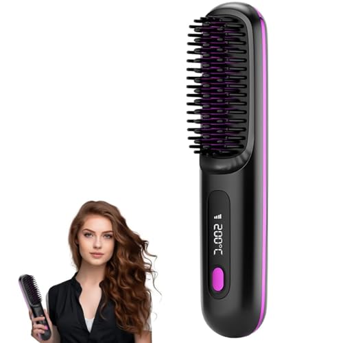 Cordless Ceramic Heated Hair Straightening Comb, 2026 New Go Brush Pro Straightening Brush with Temperature Display, Portable Heated Hair Brush for Travel & Daily (Black)