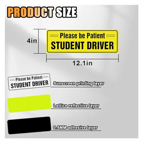 Image of GLSOWEE 3PCS Student Driver Magnet for Car, 12 inchx4 inch Reflective 'Please Be Patient' Auto Safety Sign for Rookies, Reusable Vehicle Exterior Sticker for Bumper, Window (Student Driver Sticker)