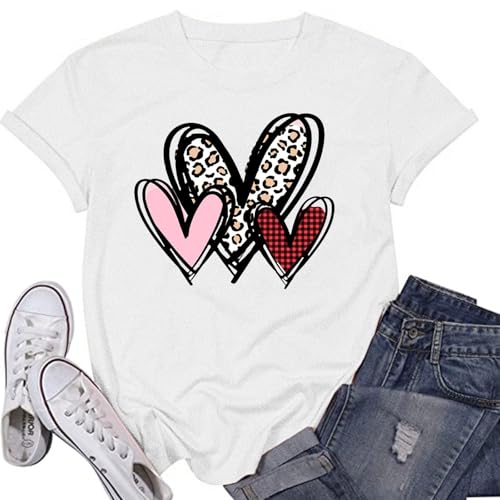 Camiseta de mujer San Valentín manga corta impresa azulejos leopardo y corazones top casual festivo, blanco, S