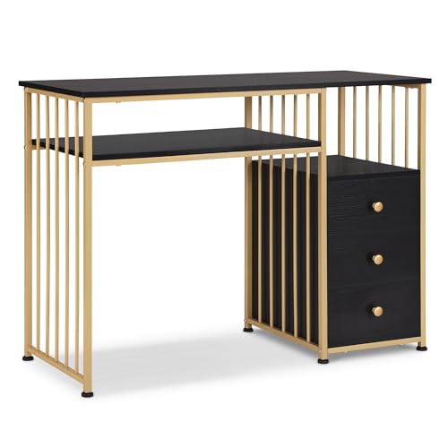 M MCombo Schreibtisch mit Schubladen, Schminktisch ohne Spiegel Schwarz-Gold, Nageltisch aus Holz Metallgestell, Computertisch Wohnzimmer Modern, 45,5 x 109 x 81cm, 2407