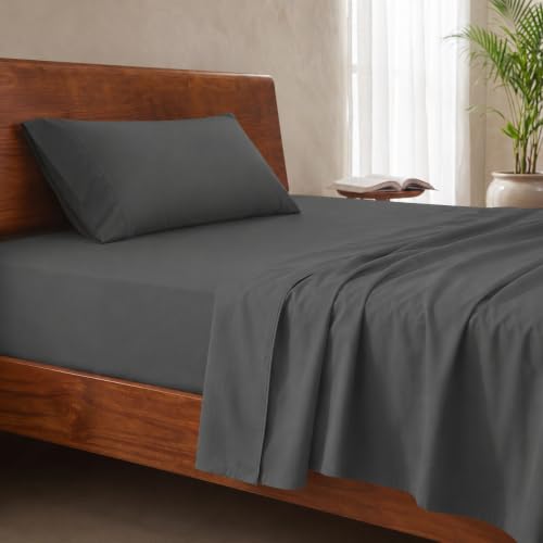 Image of LANE LINEN 100% Organic Cotton Bedsheet for Single Bed - Charcoal | GOTS Certified, Percale Weave, 60x90 inches, Soft & Breathable, Machine Washable, Includes 1 Pillow Cover
