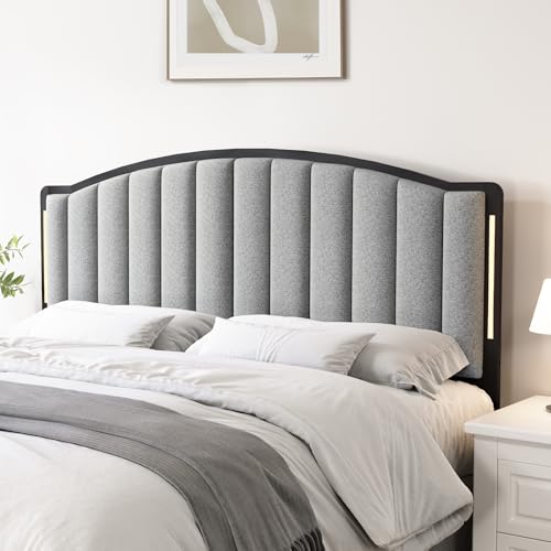 Salamir Headboard for Full Size Bed with LED Lights, Upholstered Vertical Channel Tufting Head Boards, Linen Fabric Bed Headboard Only, Attach Frame, Ideal for Bedroom, Dorm, Guest Room, Grey