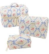 ALUXY Quilted Makeup Bag, Floral Cotton Cosmetic Bag, Cotton Makeup Bag Set, Toiletry Travel Orga...