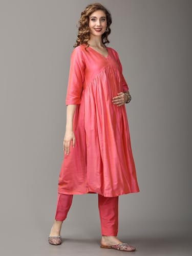 Image of The Mom Store Women's Raw Silk Maternity and Nursing Kurta Set | Front Zipper for Easy Feeding Pre and Post Pregnancy