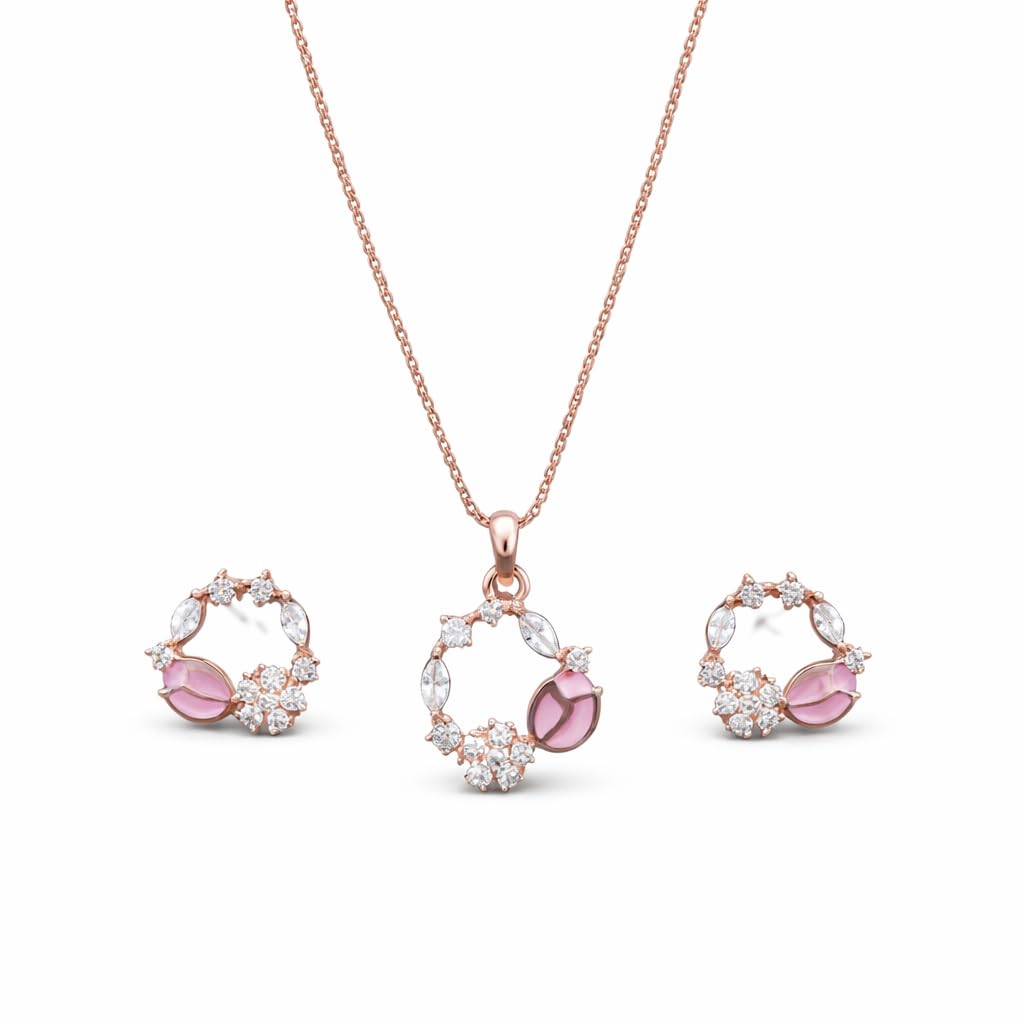Latest Stylish Rose Gold Plated CZ American Diamond Pendant Brass Necklace Set with Earrings for Women (CH66Pi)-image-39