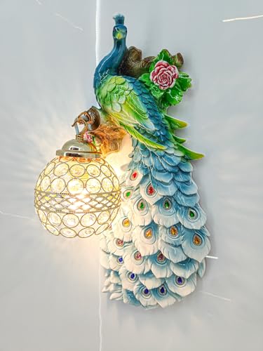 Image of swanart Decorative Plumora Peacock Wall Light with Crystal Lamp - 46 cm Artistic LED Wall Mount Light, Vibrant Colors & Gold Accents for Bedroom, Living Room, and Hallways - 3D Handcrafted Design