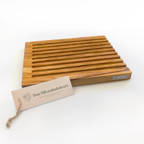 DAS OLIVENHOLZBRETT® Planche à pain en bois d'olivier d'une seule pièce avec rainures fraisées/planche à découper pour pain/nettoyage facile (30 cm x 25 cm)