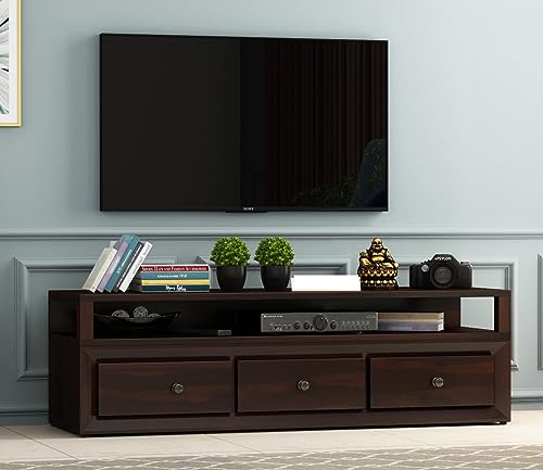Image of Solid Sheesham Wood TV Unit with 3 Drawers and 1 Shelf - Storage Solution for up to 55-inch TV in Your Living Room(Ashton, Walnut Finish)