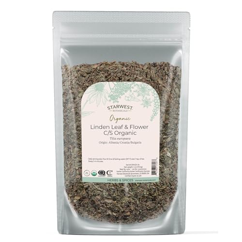 Starwest Botanicals Organic Linden Leaf & Flowers - Dried Loose Leaf Herb for Tea, Syrup, & Herbal Blends, Pure & Natural Linden, Caffeine Free, Cut & Sifted, Certified Kosher, Non-GMO - 4 oz Pouch